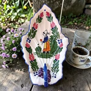 Blue Ridge Pottery Handled Leaf Celery Dish Hand Painted Vintage French Peasant